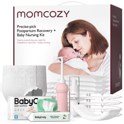 Momcozy Postpartum Recovery Essentials, 26PCS Mom Baby Labor Delivery Care Kit, Disposable Underwear Upside Down Peri Bottle Instant Soothing Ice Pads Natural Essence Foam Diapers Wipes Canvas Bag