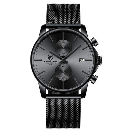 GOLDEN HOUR Mens Watch Fashion Sport Quartz Analog Mesh Stainless Steel Waterproof Chronograph Watches, Auto Date in Grey Hands, Color: Black