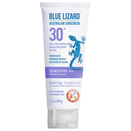 Blue Lizard SENSITIVE FACE Mineral Sunscreen with Zinc Oxide and Hydrating Hyaluronic Acid, SPF 30+, Water Resistant, UVA/UVB Protection with Smart Cap Technology - Fragrance Free, 1.7 oz.