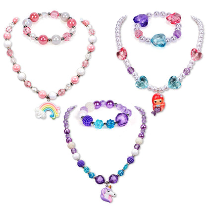G.C 3 Sets Girl Princess Necklace Bracelet with Colorful Unicorn Mermaid Rainbow Pendant Kids Stretchy Chunky Costume Jewelry Gift Party Favors Dress up Jewelry for Little Girl Toddler(with Gift Box) (A)