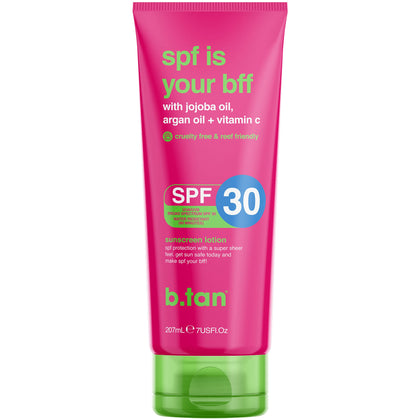 b.tan sunscreen spf 30. spf is your bff SPF30. cruelty-free, vegan & reef-friendly. lightweight, sheer sunscreen for all skin types. broad spectrum protection with a hydrated matte finish. 7 fl oz