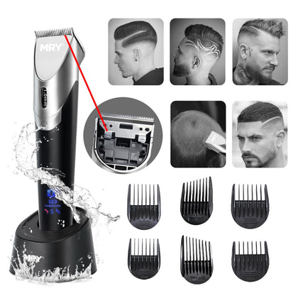 MRY Stainless Steel Cordless Clippers for Men Barber Women Professional Waterproof LCD Mens Clippers USB Rechargeable Hair Clippers(Black with Silver Color)