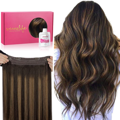 WENNALIFE Wire Hair Extensions (Increase 50% Lifespan) Real Human Hair 14 inch 75g Balayage Dark Brown to Chestnut Remy Invisible Transparent Fish Line