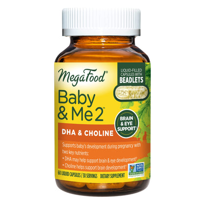 MegaFood Baby & Me 2 Prenatal DHA & Choline - Vitamins for Women - Plant-Based Liquid DHA and Choline for Baby's Brain and Eye Development During Pregnancy - Vegan - 60 Capsules (30 Servings)