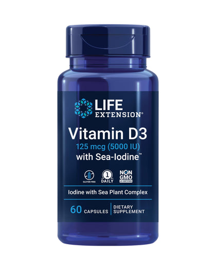 Life Extension Vitamin D3 125 mcg (5000 IU) with Sea-Iodine - For Bone, Immune Support & Inflammation Management - Thyroid & Adrenal Supplement - Gluten-Free, Non-GMO - 60 Capsules