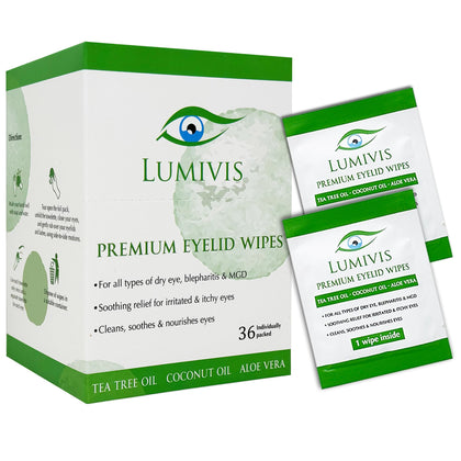 Lumivis Eyelid & Eyelash Wipes with Tea Tree Oil 36 Pcs - Daily Eye Cleanser for Blepharitis, Itchy, Stye Eyes - Individually Wrapped, Natural Makeup Remover