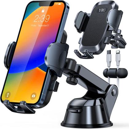 [Upgrade 80LBS Strong Suction]YRU Car Phone Holder Mount,[Bumpy Road Stable] Dashboard Cell Phone Holder for Car Air Vent Windshield Phone Stand for iPhone 15 14 13 Pro Max Samsung &Pickup Truck,Black
