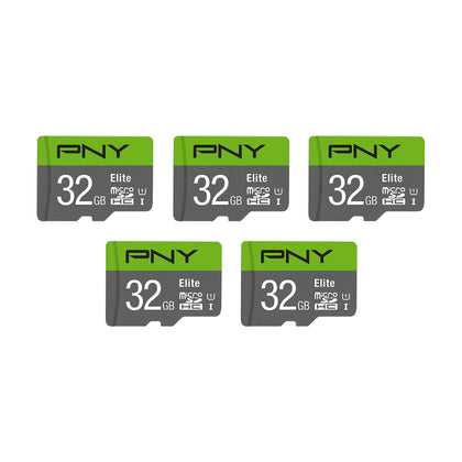 PNY 32GB Elite Class 10 U1 microSDHC Flash Memory Card - 100MB/s, Class 10, U1, Full HD, UHS-I, Micro SD , 5 Count (Pack of 1)