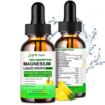 AMENQ Liquid Magnesium Complex Supplement, Organic Magnesium Blend Drops Glycinate, Taurate, Oxide, Malate, Citrate w/Zinc, D3, Ashwagandha for Sleep, Stress, Muscle,Heart Brain Nerve Health