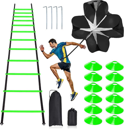 Pro Speed & Agility Training Set-Includes 12 Rung 20ft Adjustable Agility Ladder with Carrying Bag, 12 Disc Cones, 4 Steel Stakes, 1 Resistance Parachute, Use Equipment to Improve Footwork Any Sport