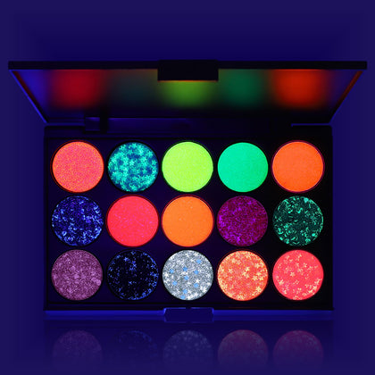 BADCOLOR 15 Colors UV Glitter Eyeshadow Palette Glow in The Dark - Neon Body Glitter Face Makeup Pallets for Women - Shimmer Color Pop Eye Shadow Products for Valentine's Day Gifts