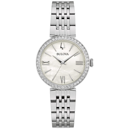 Bulova Ladies' Classic Stainless Steel 3-Hand Quartz Watch, Crystal Accents and White Mother-of-Pearl, 30mm Style: 96L284