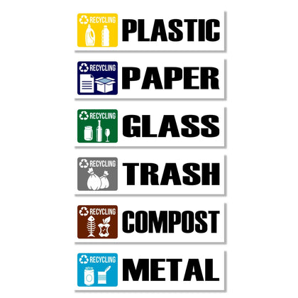 GamesMonkey® - Stickers Recycle for Trash Waste Bins Garbage Plastic Cans Compost Glass Metal Paper - Pack of 6 Adhesive - Vinyl Waterproof Washable Illustrated (5,9 in x 1,5 in - 15 cm x 4 cm, V1)