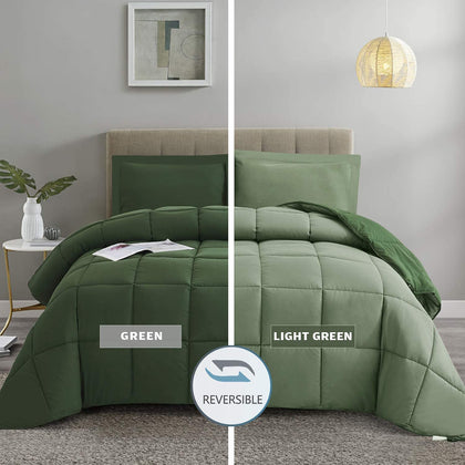 HIG 3pc Green Down Alternative Comforter Set Queen Size - All Season Reversible Comforter with Two Shams - Quilted Duvet Insert with Corner Tabs - Box Stitched - Breathable, Soft, Fluffy