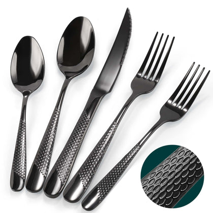 PUREAIN Silverware Set, 30 Pieces Black Hammered Flatware Set for 6, Mirror Polished Stainless Steel Cutlery Set for Home, Kitchen, Restaurant and Hotel, Dishwasher Safe
