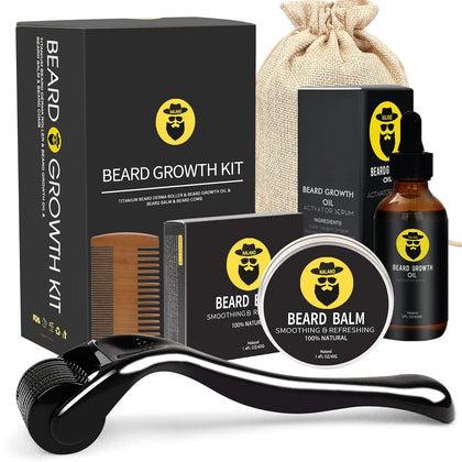 Beard Growth Kit - Derma Roller, Serum Oil (2oz), Balm and Comb, Stimulate Beard and Hair Growth - Gifts for Men Dad Him Boyfriend Husband Brother