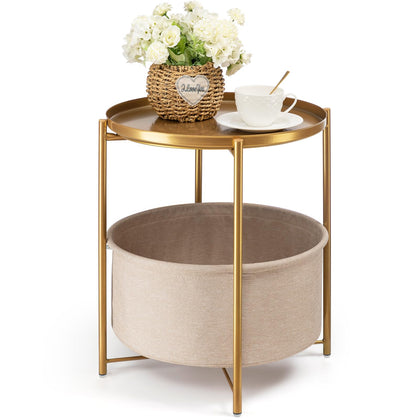 danpinera Round Side Table with Fabric Storage Basket, Metal Small Bedside Nightstand with Removable Tray Top for Living Room, Bedroom, Nursery, Laundry, Gold