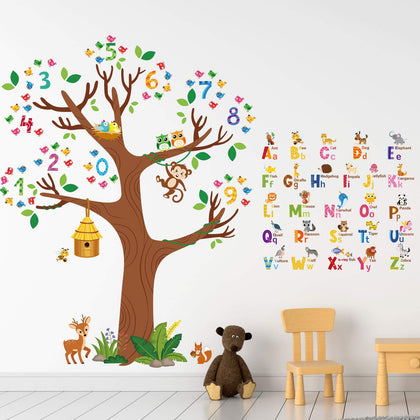 3 Sheets Animal Alphabet and Numbers Tree Wall Decals ABC Letters and Birds Numbers Peel and Stick Wall Stickers for Welcome Back to School Classroom Decorations Kids Bedroom Living Room