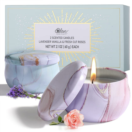 Candles Gift, 2×2.1 oz Aromatherapy Candles for Home Scented, Soy Wax Candles with Lavender Vanilla Fresh Cut Roses, Portable Small Jar Candles Set for Travel, Spa, Bath, Yoga, Home Decor Tin Candle
