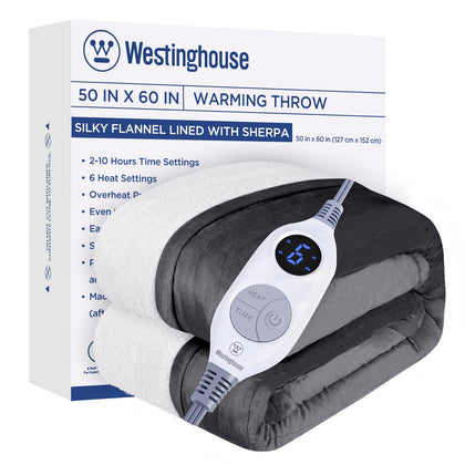 Westinghouse Electric Blanket Throw Heated Blanket with 6 Heating Levels and 2-10 Hours Time Settings, Flannel to Sherpa Super Cozy Heated Blanket Machine Washable, 50x60 inch, Charcoal
