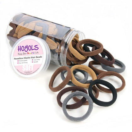 HOYOLS Soft Thick Seamless Cotton Hair Ties, Ponytail Scrunchies Head bands No Damage Crease for Women Girls Kids Ponytail Holder 100 Pieces (Brunette Brown Set)