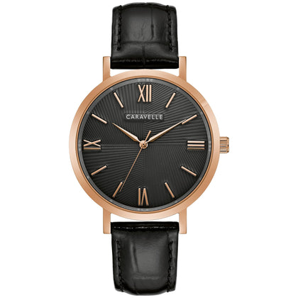 Caravelle by Bulova Men's Dress 3 Hand Quartz,Rose Gold Stainless Steel Case,Black Leather Strap, Rose Gold Dial Style:44A117