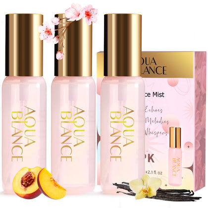 AQUA BLANCE Body Spray for Women, Body Fragrance Mist Gift Set, 3-Pack, Each 60ml/2.1 FlOz, Travel Size Three Scents - Cherry Blossoms, Peach, Vanilla, Womens Body Spray