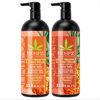 HEMPZ Hair Shampoo & Conditioner Set - Sweet Pineapple & Honey Melon Scent for Thin/Fine Dry, Damaged and Color Treated Hair, Hydrating, Softening, Moisturizing with Biotin Duo Set - 33.8 fl oz