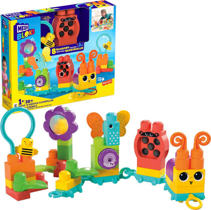 MEGA BLOKS Fisher Price Sensory Building Blocks Toy, Move N Groove Caterpillar Train With 24 Pieces and Pull String, Gift Ideas For Toddlers