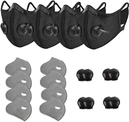 NUENUN 5 Pack Unisex Adjustable Reusable Washable Dust Protect Mouth Cover with 10 Carbon Filters and 10 Breathing Valves for Bicycle Running Riding Cycling Outdoor Sport Black