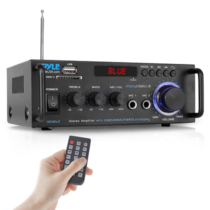 Pyle Wireless Bluetooth Stereo Power Amplifier - 200W 2 Channel Audio Receiver USA Warranty w/ RCA, USB, SD, MIC IN, FM Radio, For Home Theater Entertainment via RCA, Studio Use - PDA29BU.6