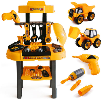 Toddler Workbench and Tool Kit w/ 2 Trucks - 2 in 1 Construction Toy Set Plus Toy Power Tools, DIY Electric Drill, Nuts and Bolts - Stable, Interactive - Durable for Boys and Girls Age 3-5