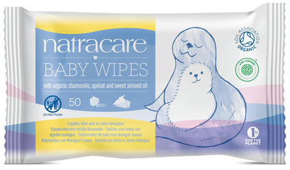 Natracare Organic Cotton Baby Wipes With Essential Oils of Chamomile, Apricot and Sweet Almond Oil (1 Pack, 50 Wipes Total)