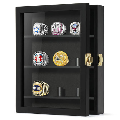 TJ.MOREE Championship Ring Display Case, 9 Ring Posts Baseball Ring Display Case, 8 x 10 Wall Mount Wooden Glass Shadow Box with Locks to Show Sport, Class, Fraternity, and Award Rings - Black