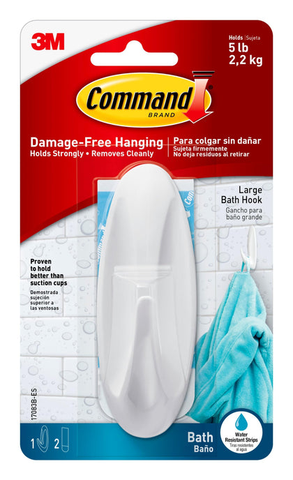 Command Designer Bath Hook, Large, White, 1-Hook with Water-Resistant Strips (17083B-ES), Organize your dorm