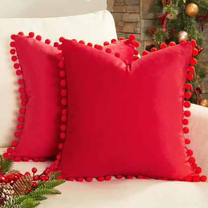 Top Finel Christmas Red Pillow Covers 18x18 inches Set of 2 Decorative Velvet Couch Throw Pillow Cover with Pom Poms Xmas Soft Square Sofa Pillow Cases