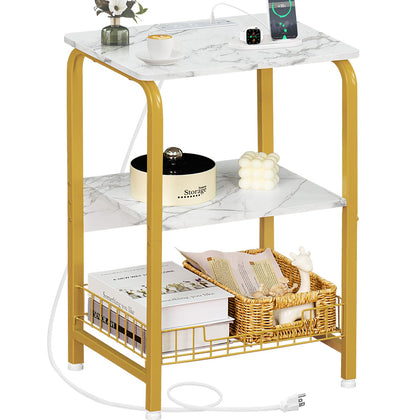 YAHARBO White and Gold Side Table with Charging Station and USB Ports,3-Tier End Bedside Table with Storage Basket for Small Spaces,Modern Nightstand with Metal Frame and Marble Grain for Bedroom