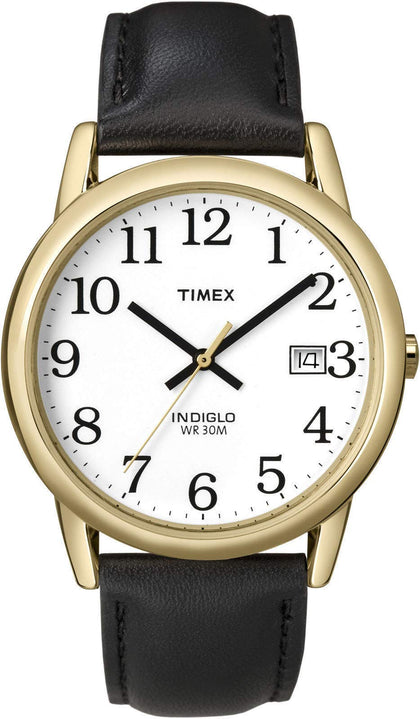 Timex T2H291 Men's Indiglo Easy Reader Gold Tone White Dial Leather Band Analog Watch