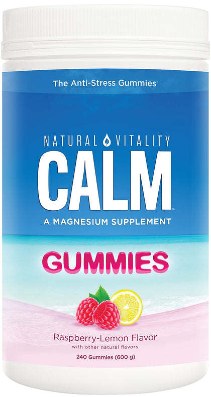 Natural Vitality Calm, Magnesium Citrate Supplement, Stress Relief Gummies, Supports a Healthy Response to Stress, Gluten Free, Vegan, Raspberry Lemon, 240 Gummies (Packaging May Vary)