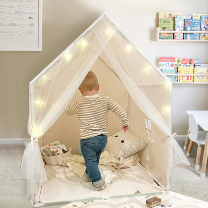 Compact Kids Play Tent, Reading Nook with Star Lights & Floor Piece, Machine Washable Toddler Tent, Kids Playhouse for Indoor & Outdoor, Play Tent for Toddler Girls Boys Gift, 41x35x46 in, Beige