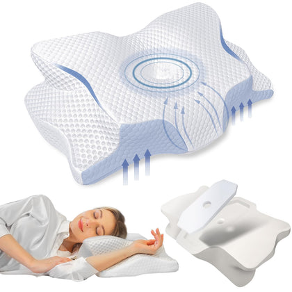 Cervical Pillow for Neck Pain Relief, 2-Way Adjustable Orthopedic Pillow with Cooling Case, Hollow Design Contour Memory Foam Neck Support Pillow for Side, Back and Stomach Sleepers - White