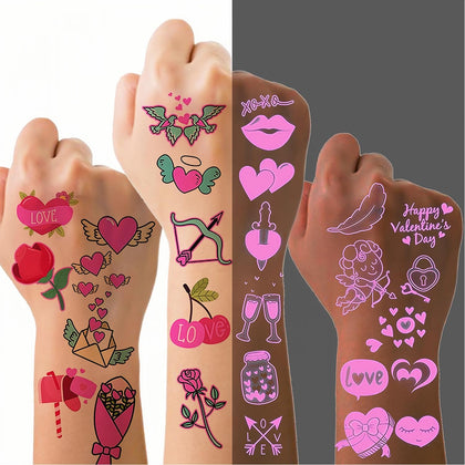 Valentines Day Temporary Tattoos, 10 Sheets Water Transfer Temporary Tattoos Luminous Heart Temporary Tattoo Waterproof Sticker (Glow In Dark)