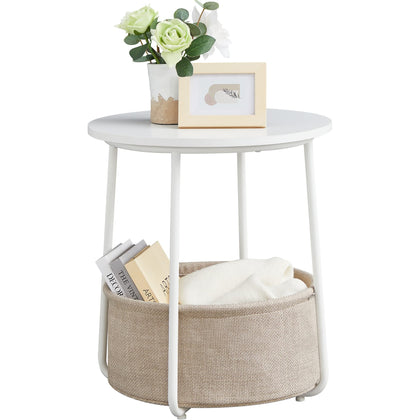 VASAGLE Small Round Side End Table, Modern Nightstand with Fabric Basket, Bedside Table for Living Room Bedroom, Classic White and Sand Beige LET223W10