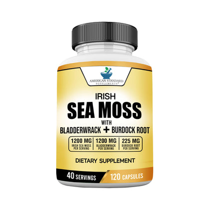 American Standard Supplements Organic Sea Moss 2625mg, Hand Harvested, Irish Moss Bladderwrack and Burdock Root, Irish Sea Moss Alternative To Sea Moss Powder, Sea Moss Gel, 120 Vegan Capsules