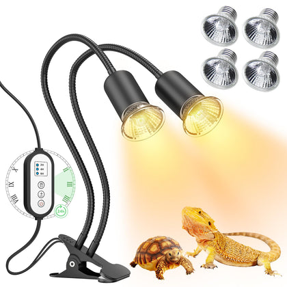 Reptile Heat Lamp, Dual-Head UVA/B Reptile Light with Cycle Timer, Basking Light for Reptile Turtle Bearded Dragon Lizards Snake, E26/27 Base with 4 Bulbs (2PCS 25W and 2PCS 50W)