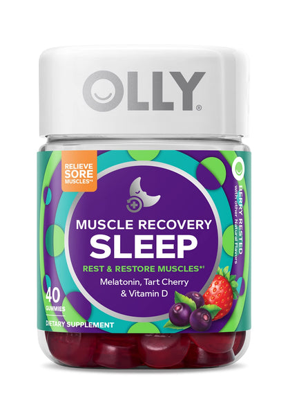 OLLY Muscle Recovery Sleep Gummies, Sleep and Sore Muscle Support, 3mg Melatonin, Tart Cherry, Vitamin D, Berry Flavor - 40 Count