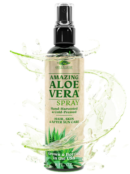 Green Leaf Aloe Vera Spray 99% Pure Cold-Pressed Aloe Vera Juice, for Hair, Skin & Face Moisturizer, Fast Absorption After Sun Care, Sunburn Relief & Solar Recovery Spray| 8oz |Aloevera Body Spray