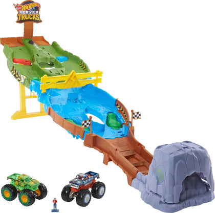 Hot Wheels Monster Trucks Wreckin' Raceway with 2 Toy Trucks: Bigfoot & Gunkster, Head-to-Head Race with Obstacles