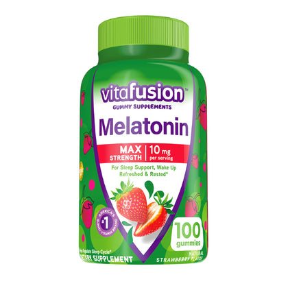 Vitafusion Max Strength Melatonin Gummy Supplements, Strawberry Flavored, 10 mg Melatonin Sleep Supplements, Americas Number 1 Gummy Vitamin Brand, 50 Day Supply, 100 Count