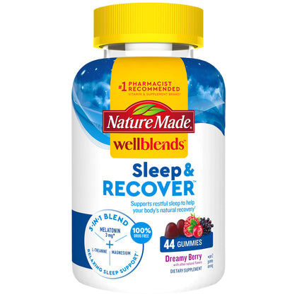 Nature Made Wellblends Sleep and Recover, Sleep Aid with Melatonin 3mg to Support Restful Sleep, plus L theanine 200mg and Magnesium Citrate, 44 Gummies